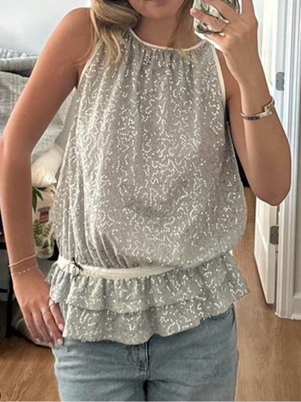 Roberto Cavalli Angels Silver Sequin Ruffle-Hem Camisole